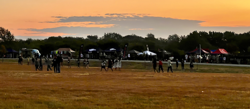 first light over tent city at Fall Fest